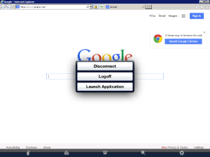iPad Client running Internet Explorer and displaying the options menu.